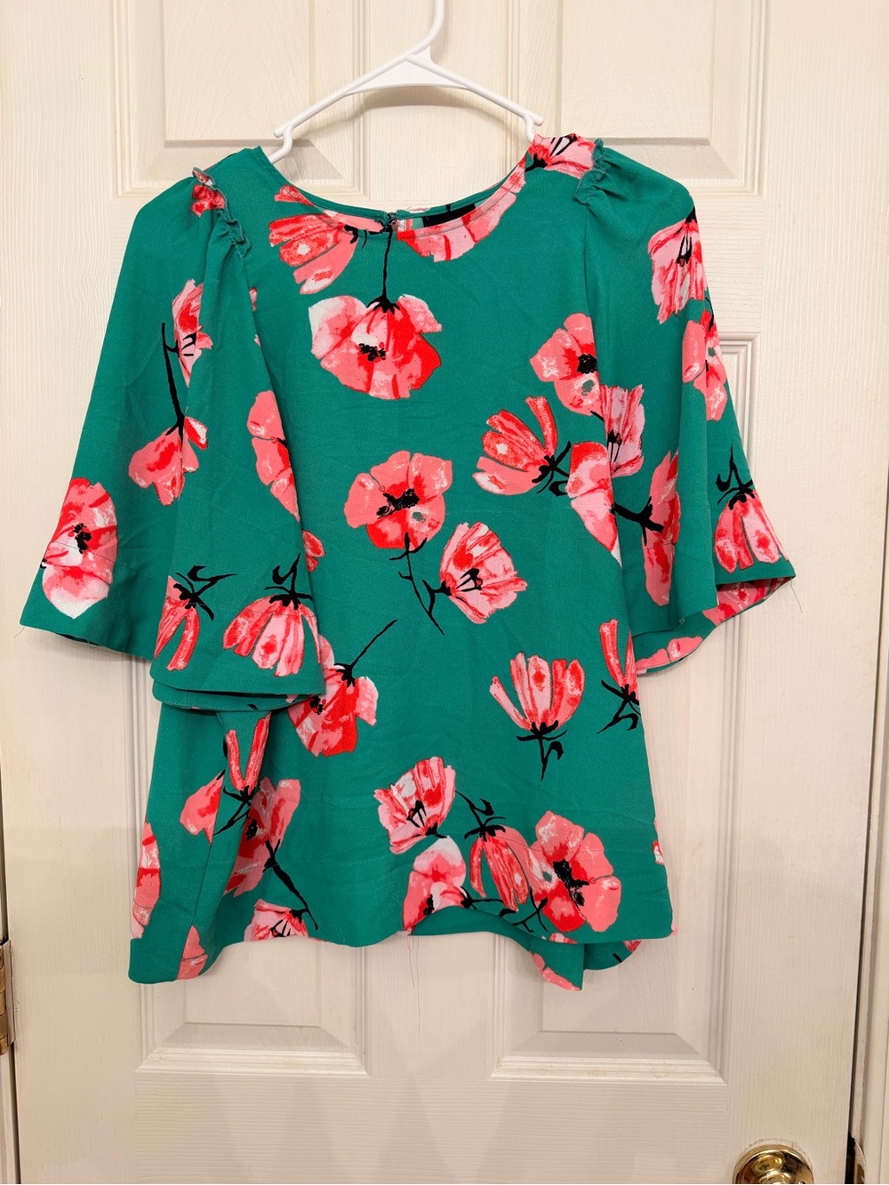 Who What Wear Green Blouse with Coral Pink Floral Print